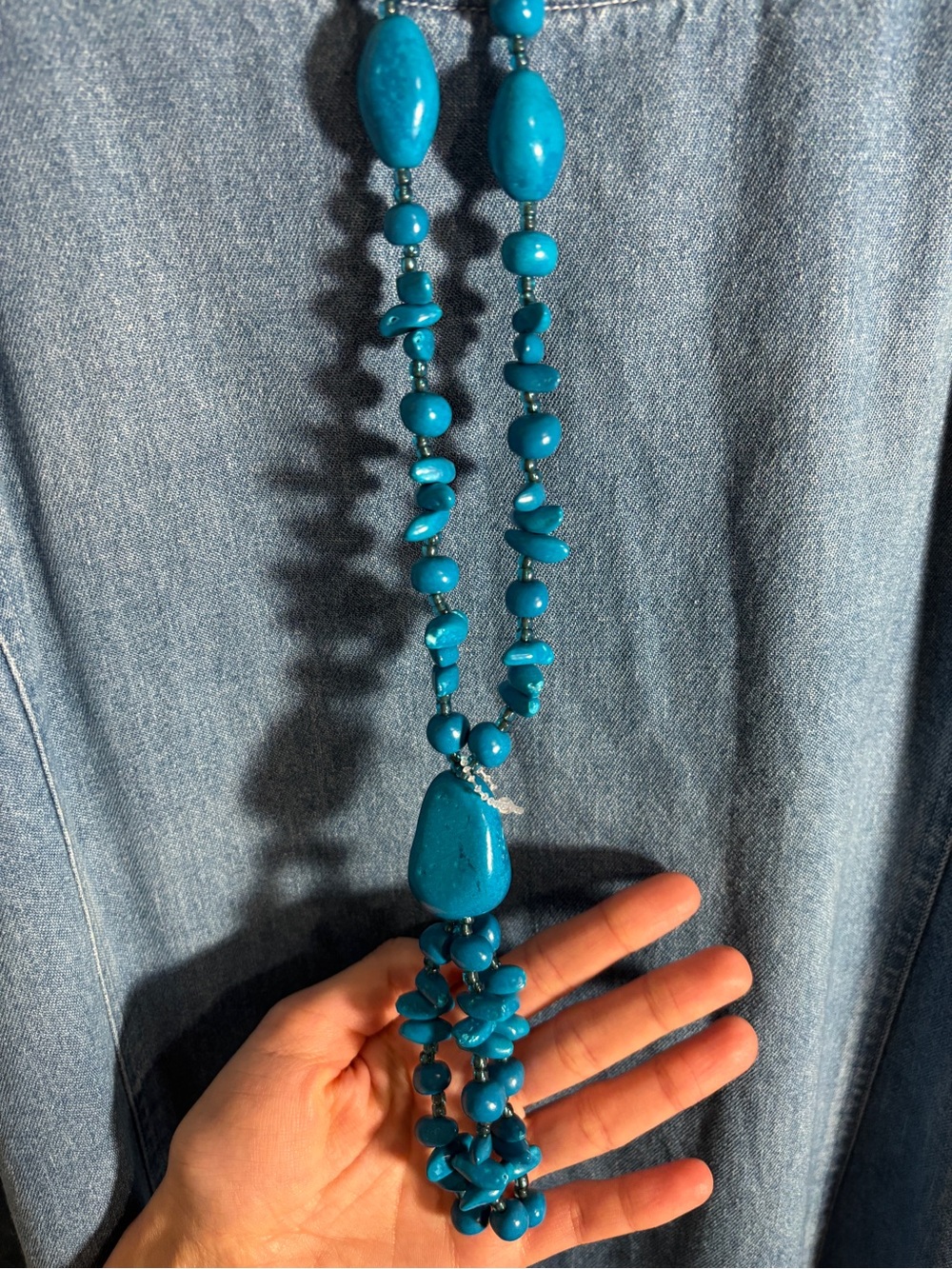 Turquoise Color Beaded Tassel Necklace